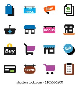 solid vector ixon set - cart vector, office, estate document, rooms signboard, low price, credit card, sale, new, shopping bag, store, buy, basket, list