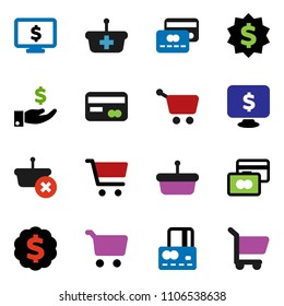 solid vector ixon set - cart vector, credit card, investment, dollar medal, monitor, basket