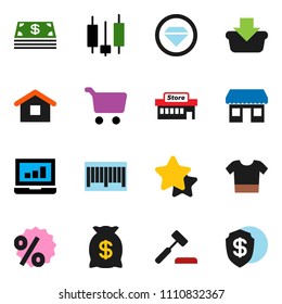solid vector ixon set - cart vector, japanese candle, laptop graph, office, cash, star, money bag, percent, mall, barcode, basket, home, auction, diamond ring, clothes, dollar shield