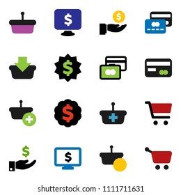 solid vector ixon set - cart vector, credit card, investment, dollar medal, monitor, basket
