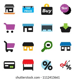 solid vector ixon set - cart vector, office, cargo search, low price signboard, credit card, new, percent, market, store, buy, barcode, basket, coupon