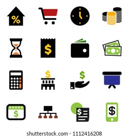 solid vector ixon set - cart vector, wallet, percent growth, investment, coin stack, bank building, calculator, receipt, clock, sand, presentation board, hierarchy, dollar calendar, money, tap pay