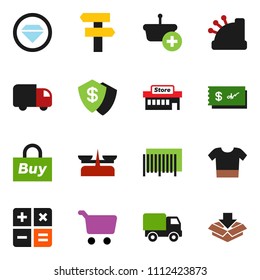 solid vector ixon set - cart vector, mall, buy, barcode, cashbox, basket, calculator, delivery, check, diamond ring, signpost, clothes, dollar shield, store scales, package