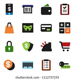 solid vector ixon set - cart vector, gift, credit card, dollar coin, wallet, shopping bag, barcode, cashbox, receipt, list, calculator, lock, tap pay, shield, password