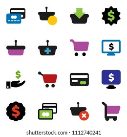 solid vector ixon set - cart vector, credit card, investment, dollar medal, monitor, basket