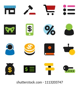 solid vector ixon set - cart vector, receipt, gift, dollar coin, money bag, percent, store, customer, support, basket, auction, catalog, tap pay, signpost, menu, password