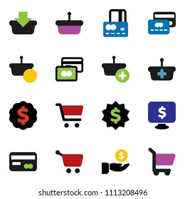 solid vector ixon set - cart vector, credit card, investment, dollar medal, monitor, basket