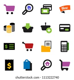 solid vector ixon set - cart vector, credit card, coin stack, receipt, estate document, search, new, shopping bag, reader, basket