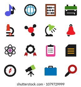 solid vector ixon set - case vector, backpack, atom, telescope, microscope, bell, table lamp, clipboard, compass, medal, abacus, music, world, document, molecule, magnifier