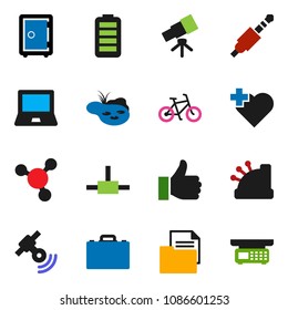 solid vector ixon set - case vector, telescope, notebook pc, molecule, safe, bike, heart cross, document, satellitie, finger up, battery, jack, connect, pond, cashbox, store scales