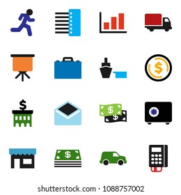 solid vector ixon set - case vector, presentation, dollar coin, graph, bank building, safe, run, delivery, car, port, mail, hub, cash, store, card reader