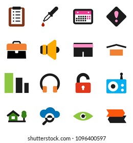solid vector ixon set - case vector, shorts, calendar, dry cargo, sorting, radio, speaker, headphones, eye, dropper, cloud glass, attention sign, chalet, unlock, shopping list, signpost
