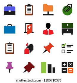 solid vector ixon set - case vector, paper pin, archive, exam, manager, clipboard, sorting, thumbtack, medical room, network folder, attachment, mailbox, calculator