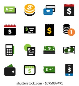 solid vector ixon set - cash vector, coin stack, check, receipt, dollar calendar, credit card, wallet, reader, tap pay