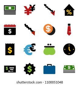 solid vector ixon set - cash vector, crisis, percent growth, case, check, receipt, clock, dollar medal, tie, calendar, euro sign, yen, coin, wallet