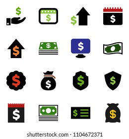 solid vector ixon set - cash vector, money bag, investment, dollar growth, receipt, medal, shield, calendar, monitor