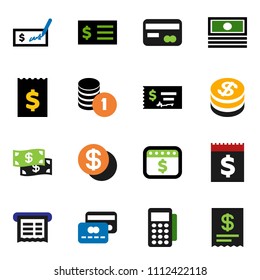 solid vector ixon set - cash vector, coin stack, check, receipt, dollar calendar, credit card, reader