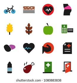 solid vector ixon set - cereal vector, potato, chicken leg, diet, heart pulse, bike, muscule hand, buttocks, water bottle, cereals, breads, anamnesis, hospital building, medical room