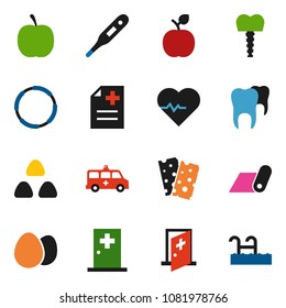 solid vector ixon set - cereal vector, egg, apple fruit, diet, heart pulse, fitness mat, breads, hoop, thermometer, anamnesis, amkbulance car, tooth, implant, medical room, pool