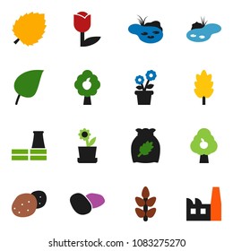 solid vector ixon set - cereal vector, potato, leaf, cereals, tulip, pond, fruit tree, flower in pot, factory