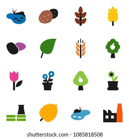 solid vector ixon set - cereal vector, potato, leaf, cereals, tulip, pond, fruit tree, flower in pot, factory