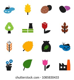 solid vector ixon set - cereal vector, potato, leaf, cereals, tulip, pond, fruit tree, flower in pot, factory