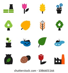 solid vector ixon set - cereal vector, potato, leaf, cereals, tulip, pond, fruit tree, flower in pot, factory