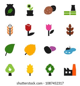 solid vector ixon set - cereal vector, potato, leaf, cereals, tulip, pond, fruit tree, flower in pot, factory