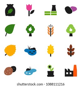 solid vector ixon set - cereal vector, potato, leaf, cereals, tulip, pond, fruit tree, flower in pot, factory