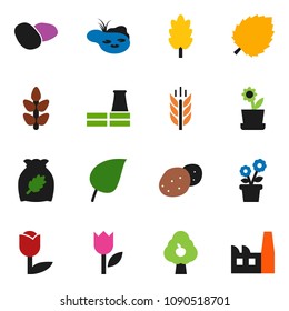 solid vector ixon set - cereal vector, potato, leaf, cereals, tulip, pond, fruit tree, flower in pot, factory