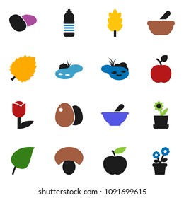 solid vector ixon set - cereal vector, egg, mushroom, potato, apple fruit, leaf, diet, water bottle, tulip, mortar, pond, flower in pot