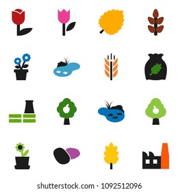 solid vector ixon set - cereal vector, potato, leaf, cereals, tulip, pond, fruit tree, flower in pot, factory