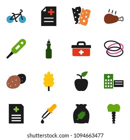 solid vector ixon set - cereal vector, potato, chicken leg, oil, apple fruit, bike, breads, hoop, doctor bag, thermometer, dropper, anamnesis, hospital building, tooth implant