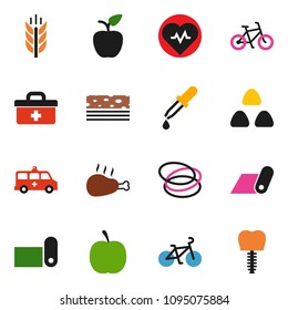 solid vector ixon set - cereal vector, chicken leg, apple fruit, diet, heart pulse, bike, fitness mat, cereals, breads, hoop, doctor bag, dropper, amkbulance car, tooth implant