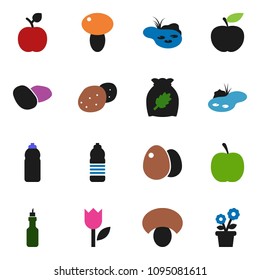 solid vector ixon set - cereal vector, egg, mushroom, potato, oil, apple fruit, diet, water bottle, tulip, pond, flower in pot