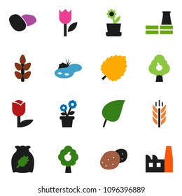 solid vector ixon set - cereal vector, potato, leaf, cereals, tulip, pond, fruit tree, flower in pot, factory