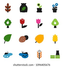solid vector ixon set - cereal vector, potato, leaf, cereals, tulip, pond, fruit tree, flower in pot, factory