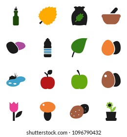 solid vector ixon set - cereal vector, egg, mushroom, potato, oil, apple fruit, leaf, diet, water bottle, tulip, mortar, pond, flower in pot