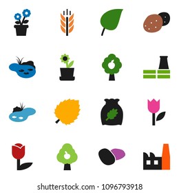 solid vector ixon set - cereal vector, potato, leaf, cereals, tulip, pond, fruit tree, flower in pot, factory