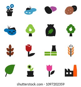 solid vector ixon set - cereal vector, potato, leaf, cereals, tulip, pond, fruit tree, flower in pot, factory