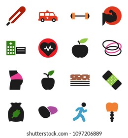 solid vector ixon set - cereal vector, potato, apple fruit, diet, barbell, heart pulse, muscule hand, buttocks, breads, hoop, run, thermometer, patch, hospital building, amkbulance car
