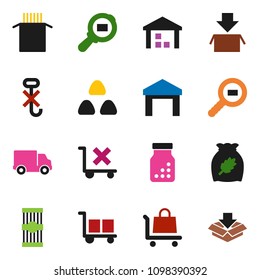 solid vector ixon set - cereal vector, pasta, delivery, cargo, no trolley, hook, warehouse, search, pills bottle, package