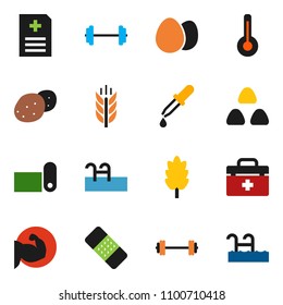 solid vector ixon set - cereal vector, egg, potato, barbell, muscule hand, fitness mat, cereals, doctor bag, thermometer, dropper, patch, anamnesis, pool