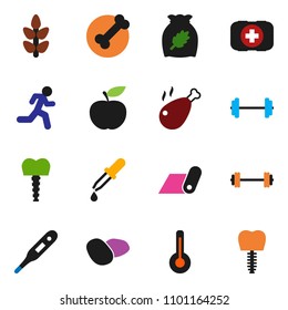 solid vector ixon set - cereal vector, potato, chicken leg, diet, barbell, fitness mat, cereals, first aid kit, bone, run, thermometer, dropper, tooth implant