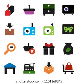 solid vector ixon set - cereal vector, archive, safe, warehouse, package, cargo search, radio, mailbox, gift, cashbox, basket, trolley
