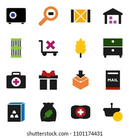 solid vector ixon set - cereal vector, pasta, archive, safe, first aid kit, wood box, no trolley, warehouse, package, cargo search, mailbox, gift, basket