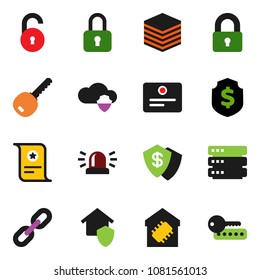 solid vector ixon set - certificate vector, dollar shield, cloud, big data, chain, unlock, siren, key, lock, smart home, protect, password