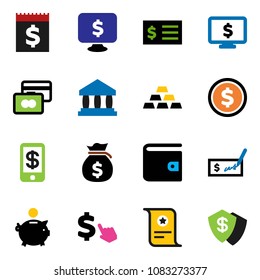 solid vector ixon set - certificate vector, bank, dollar coin, credit card, wallet, money bag, piggy, check, receipt, monitor, cursor, gold ingot, tap pay, shield