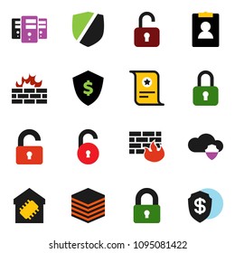 solid vector ixon set - certificate vector, personal information, dollar shield, protected, cloud, big data, server, firewall, unlock, lock, smart home