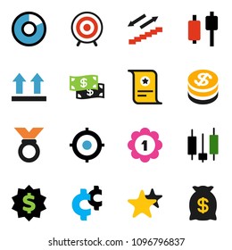 solid vector ixon set - certificate vector, pie graph, japanese candle, target, dollar medal, cent sign, stairways run, top, favorites, coin, cash, money bag